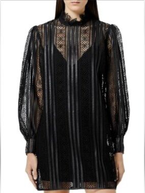 The Kooples Faux Leather Trim Dress Black Lace Long-Sleeve Mini NWT (Sz 3 Euro)